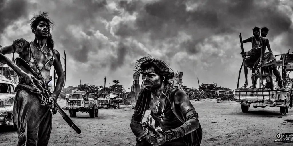 Image similar to sri lankan mad max style, city streets, film still, epic shot cinematography, rule of thirds