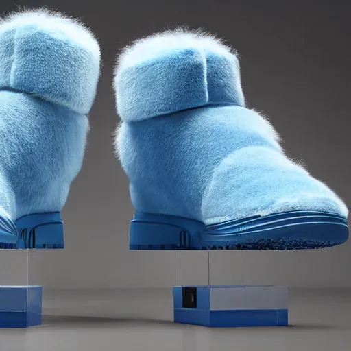 Image similar to nike shoe made of very fluffy blue faux fur placed on reflective surface, professional advertising, overhead lighting, heavy detail, realistic by nate vanhook, mark miner