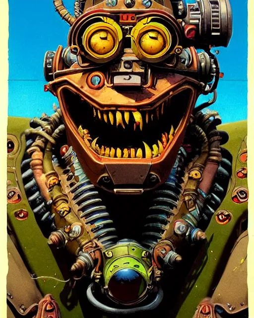 Prompt: junkrat from overwatch, closed mouth smile, character portrait, portrait, close up, concept art, intricate details, highly detailed, vintage sci - fi poster, in the style of chris foss, rodger dean, moebius, michael whelan, and gustave dore