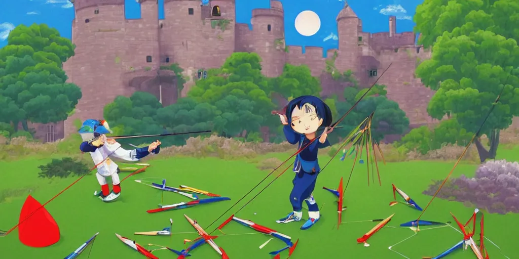 Image similar to a young boy practicing archery in the backyard of a castle, digital art, vivid colors, flat colors, cinematic, wide angle, made by chiho aoshima, trending on artstation, detailed