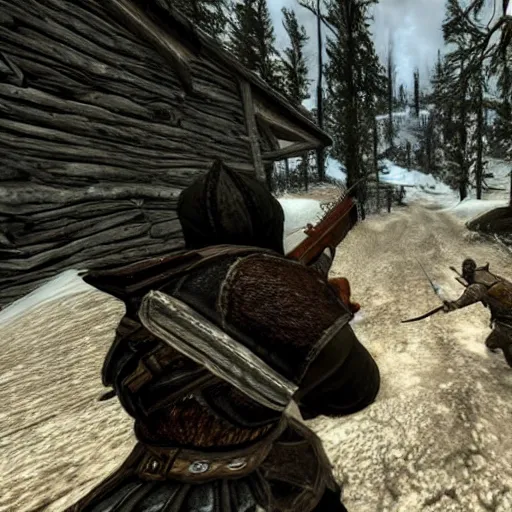 Image similar to skyrim re - imagined as a first person shooter. the player is holding a rifle with a scope.