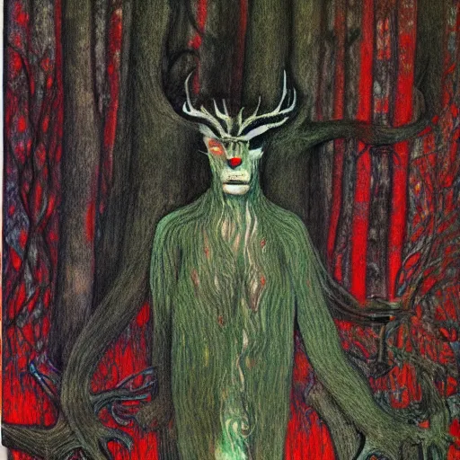 Image similar to A tall, dark forest god, with antlers, red eyes, forest, 3am, mist, moon, dark forest, red eyes in the style of Klimt