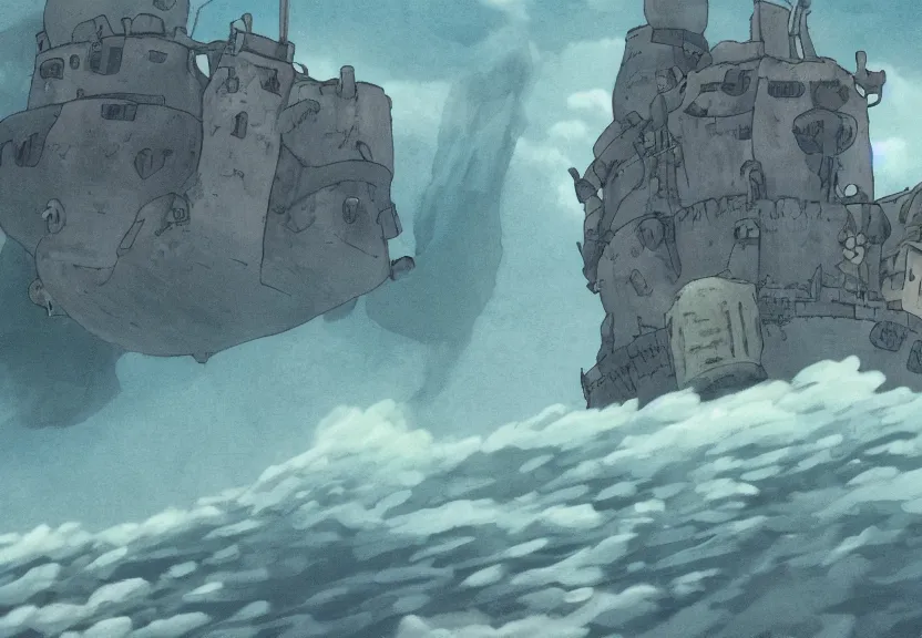 Image similar to a cell - shaded cartoon from howl'moving castle ( 2 0 0 4 ) showing stonehenge underwater at the bottom of the ocean. very dull muted colors, hd, 4 k, hq