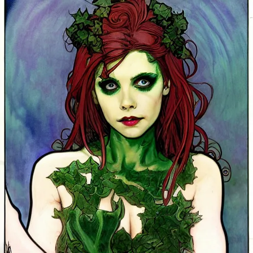 Image similar to a beautiful painting buffy the vampire slayer as poison ivy, dark eyeliner, intricate, elegant, highly detailed, digital painting, artstation, concept art, matte, sharp focus, illustration, art by rebecca guay and by arthur rackham and by alphonse mucha and by john william waterhouse