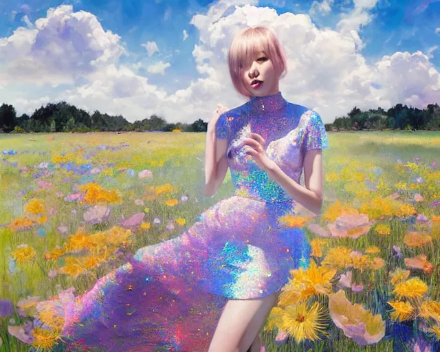 Image similar to lee jin - eun in elegant chic holographic dress emerging from gold gold by martine johanna, michael garmash and katsuhiro otomo, rule of thirds, seductive look, beautiful, cotton candy clouds, puyallup berteronian, himalayan poppy flowers, sea holly flowers, gorgeous