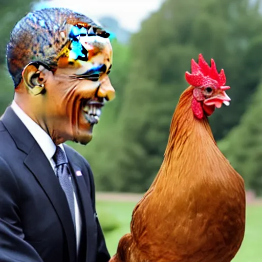 Prompt: photo of president obama holding a rooster,