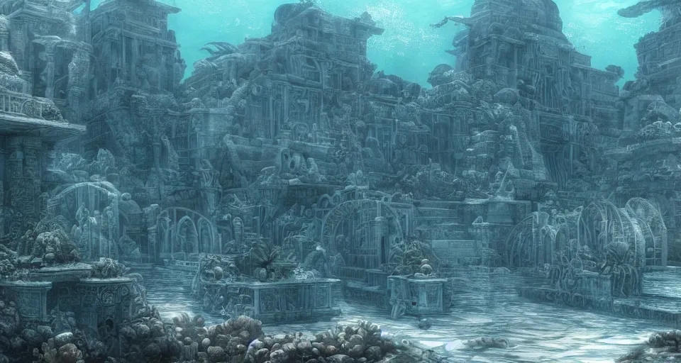 Image similar to an underwater view of the huge lost city of Atlantis, fully built buildings, white marble, hyper detailed, 4K