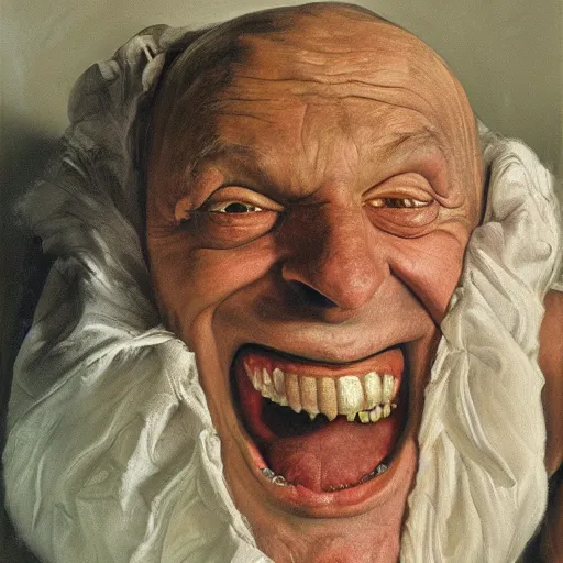 Image similar to high quality high detail painting by lucian freud, hd, a laughing monster, photorealistic lighting