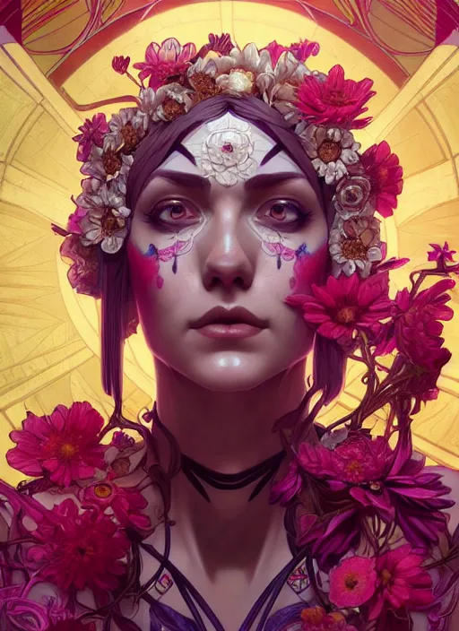 Image similar to symmetry!! portrait of floral! borderlands 3 psycho, intricate, elegant, highly detailed, digital painting, artstation, concept art, smooth, sharp focus, illustration, art by artgerm and greg rutkowski and alphonse mucha, 8 k