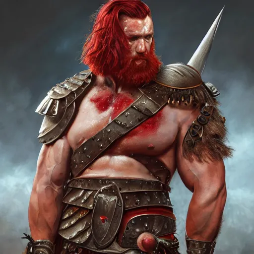 Image similar to bulky muscular scottish warrior with red hair, tribal blood paintings, waist plate armor, 4 k oil on linen by wlop, artgerm, andrei riabovitchev, nuri iyem, james gurney, james jean, greg rutkowski, highly detailed, soft lighting 8 k resolution