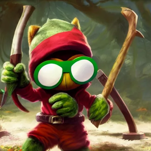 Image similar to still of Teemo from League of Legends in the style of Jim Henson, wearing goggles and wielding an axe