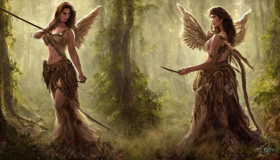 Prompt: A beautiful detailed painting of jennifer connelly as a female angel warrior in a magical forest by alphonse muchaand Kalin Popov , Trending on artstation HD.