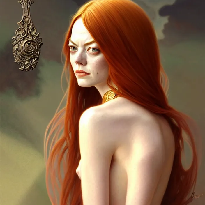 Image similar to ancient queen emma stone, symetrical, diffuse lighting, fantasy, intricate, elegant, highly detailed, lifelike, photorealistic, digital painting, artstation, illustration, concept art, 4 k, smooth, sharp focus, art by john collier and albert aublet and krenz cushart and artem demura and alphonse mucha