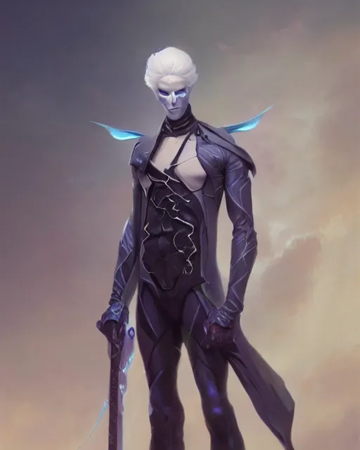 Prompt: character portrait of a slender eldar man with white hair, piercing blue eyes, and pale bluish skin, by greg rutkowski, mark brookes, jim burns, tom bagshaw, trending on artstation