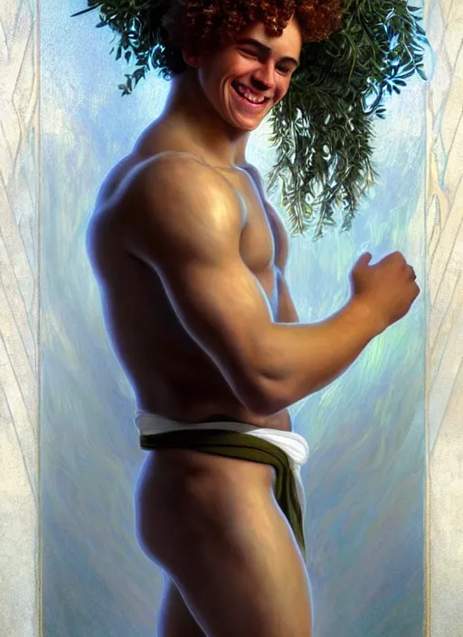 Image similar to portrait of teenage zeus, greek, short curly copper hair, smiling mischievously, wearing a white sash, olive tree, intricate, elegant, lightning bolt, glowing lights, highly detailed, digital painting, artstation, concept art, smooth, sharp focus, mist, volumetric lighting, illustration, art by wlop, mucha, artgerm, and greg rutkowski