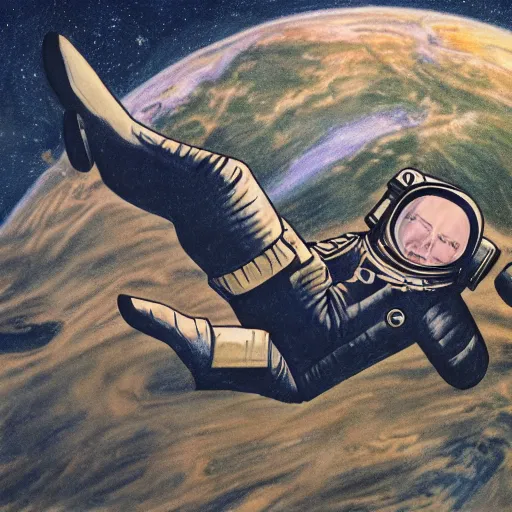 Prompt: drawing of steed situated on top of astronaut that standing on all fours