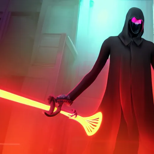 Image similar to hyper realistic neon grimm reaper holding a scythe, photorealistic cinematic render, octane render, cyberpunk graveyard with fog atmosphere