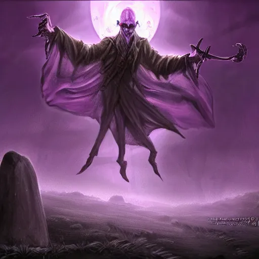 Image similar to a violet evil old wizard, graveyard background, undead arms rising from the ground, epic fantasy style art, fantasy epic digital art