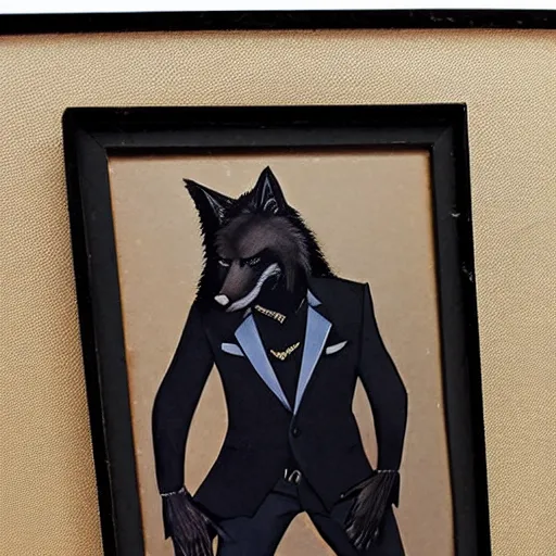 Prompt: male anthro black fox furry fursona with a mullet in a spanish style tuxedo, 1 9 7 0 s framed photograph, painted by riley moreau