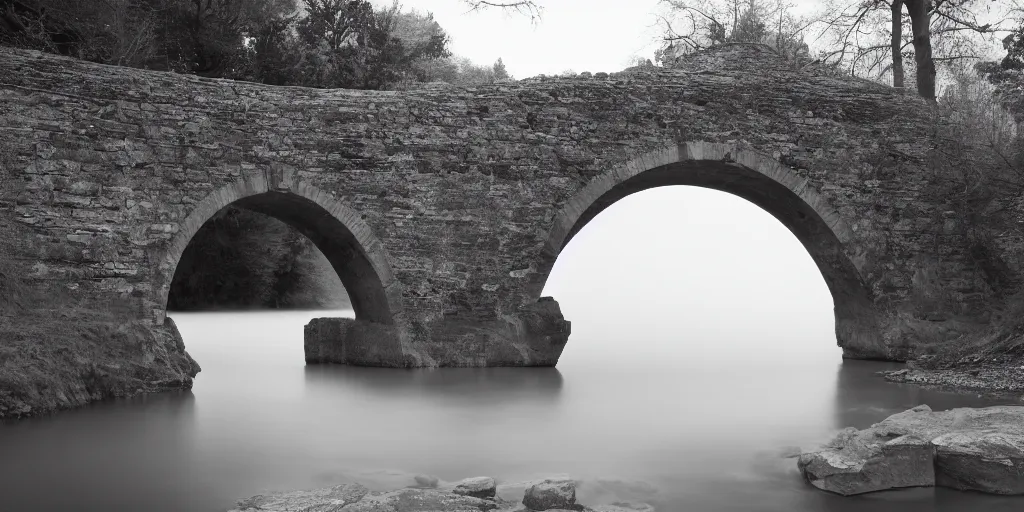 Prompt: still long exposure masterpiece photography of an antic arch bridge, emerging from the lake water, lomography, monochromatic, light blue shift, mist