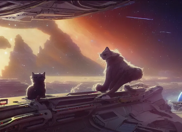 Image similar to a space cat staring role in a musical sci - fi space opera ghibli animated film, volumetric lighting, octane render by stanley artgerm lau, greg rutkowski, thomas kindkade, alphonse mucha, loish, norman rockwel,