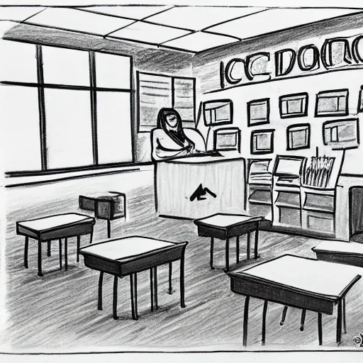 Black and white drawing of students in a classroom on Craiyon