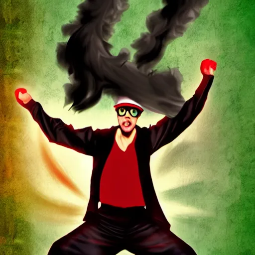 Prompt: the nostalgia critic striking a menacing pose, digital art, kung fu, dissipating smoke