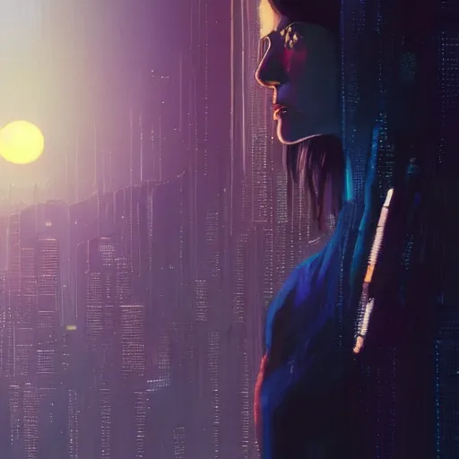 Image similar to molly from neuromancer, extremely detailed portrait of a young cyberpunk woman, eye implants, sunset, cyberpunk city background, megacity, gorgeous view, depth, painted by seb mckinnon, high detail, digital art, painted by greg rutkowski, trending on artstation