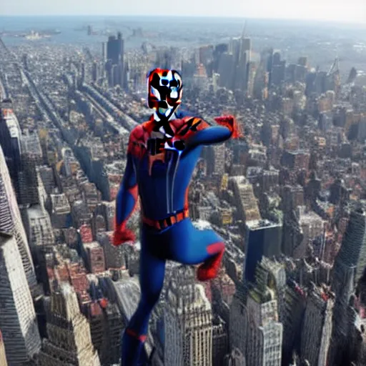 Image similar to marvel spider - man from back standing on top of the empire state building