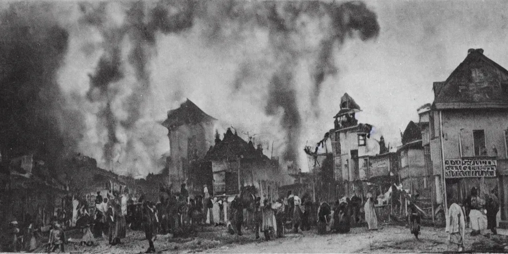 Prompt: scary unproportionable tall ghost creature in the middle of a village on fire, 1900s picture