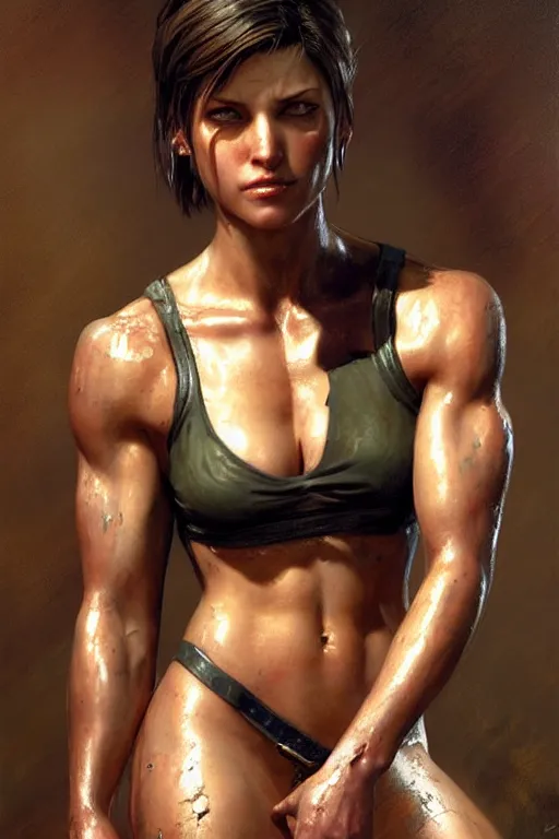 Prompt: muscular sweat jill valentine, covers with mud exhausted face close up, highly detailed painting by gaston bussiere, craig mullins, j. c. leyendecker 8 k