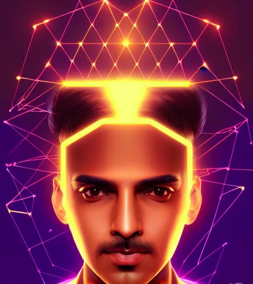 Image similar to symmetry!! indian prince of technology, solid cube of light, hard edges, product render retro - futuristic poster scifi, lasers and neon circuits, brown skin handsome indian prince, intricate, elegant, highly detailed, digital painting, artstation, concept art, smooth, sharp focus, illustration, dreamlike, art by artgerm