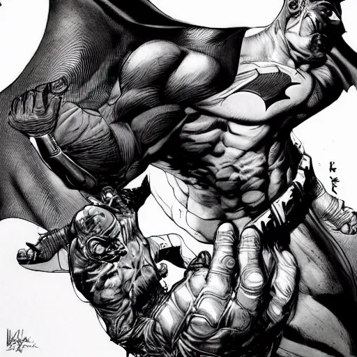 Prompt: hyperrealistic, detailed, batman dynamic pose, ink, line art by Kim Jung gi