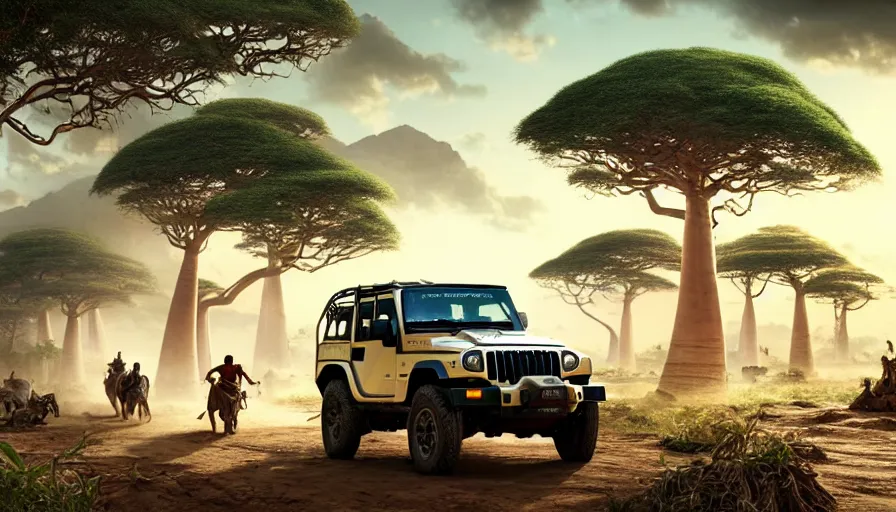 Image similar to mahindra thar driving through madagascar with baobabs trees, tribe members chasing for an attach, action scene, an epic fantasy, artgerm and greg rutkowski and alphonse mucha, an epic fantasy, volumetric light, detailed, establishing shot, an epic fantasy, cinematic, photorealistic, ultrarealistic, trending on art station, octane render, midsommar