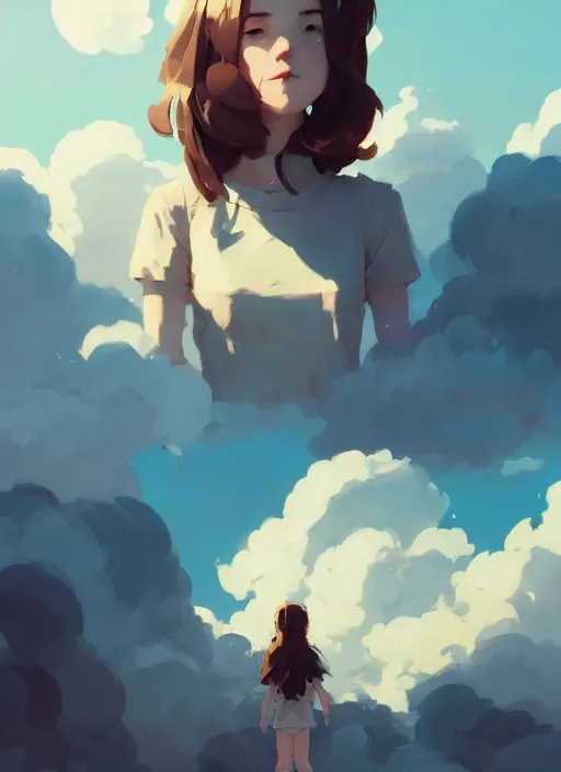 Image similar to portrait of cute maiden girl cowered, cloud sky background, by atey ghailan, by greg rutkowski, by greg tocchini, by james gilleard, by joe gb fenton, by kaethe butcher, dynamic lighting, gradient light blue, brown, blonde cream and white color in scheme, grunge aesthetic