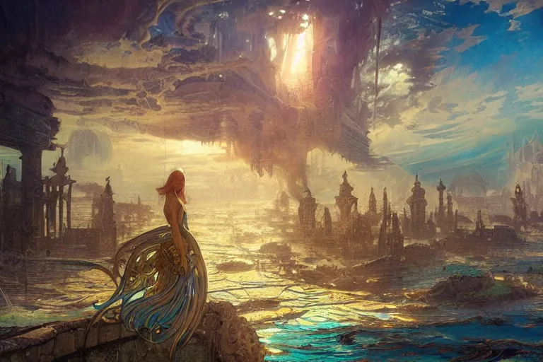 Prompt: a beautiful painting of the lost and abandoned city of Atlantic under water, ray of sunlight, mermaids in distance, Greg Rutkowski, Moebius, Mohrbacher, Mucha, blue and gold color scheme, ultra wide angle, ultra detailed