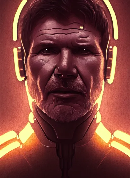 Image similar to symmetry!! portrait of harrison ford, solo gold sci - fi armour, tech wear, glowing lights!! sci - fi, intricate, elegant, highly detailed, digital painting, artstation, concept art, smooth, sharp focus, illustration, art by artgerm and greg rutkowski and alphonse mucha