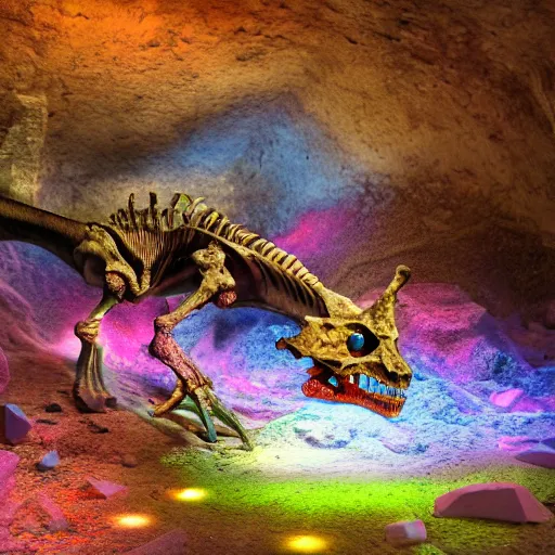 Prompt: photorealistic dinosaur skeleton inside a geode of colored crystals, volumetric lighting