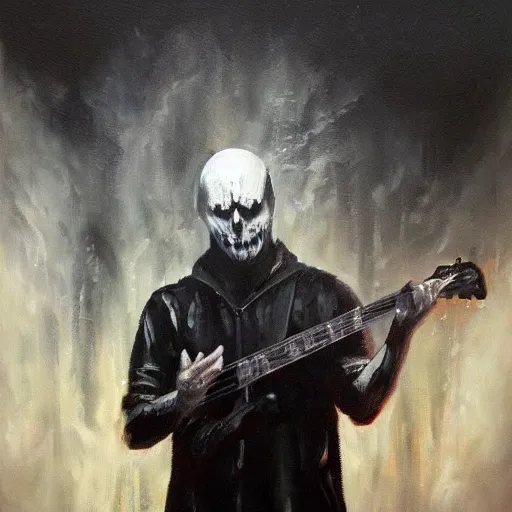 Prompt: high quality oil painting of olaf scholz playing in a black metal band, trending on artstation, detailed, adward winning