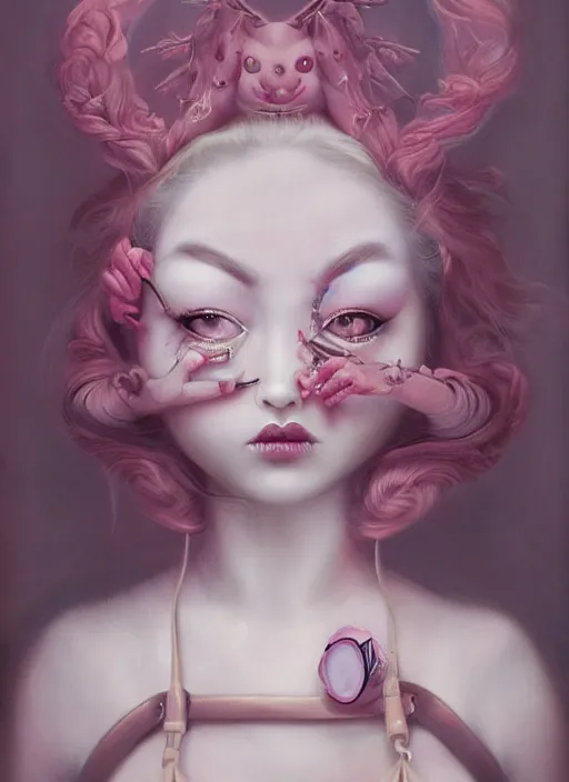 Image similar to pop surrealism, lowbrow art, realistic seductive cute woman painting, pink body harness, japanese shibari, hyper realism, muted colours, rococo, natalie shau, loreta lux, tom bagshaw, mark ryden, trevor brown style,