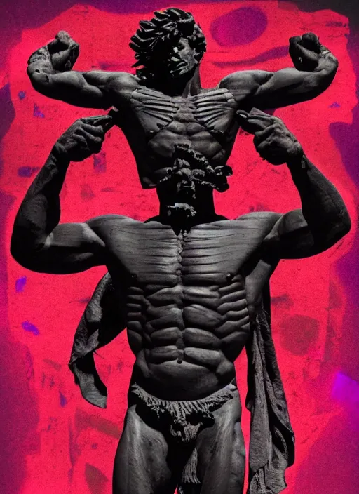 Image similar to black background with red and purple design elements, statue of hercules, ( ( ( skeleton ) ) ), grey, thin lines, dark,, glitch art, neo vaporwave, gritty, movie poster, layout design, trending on artstation