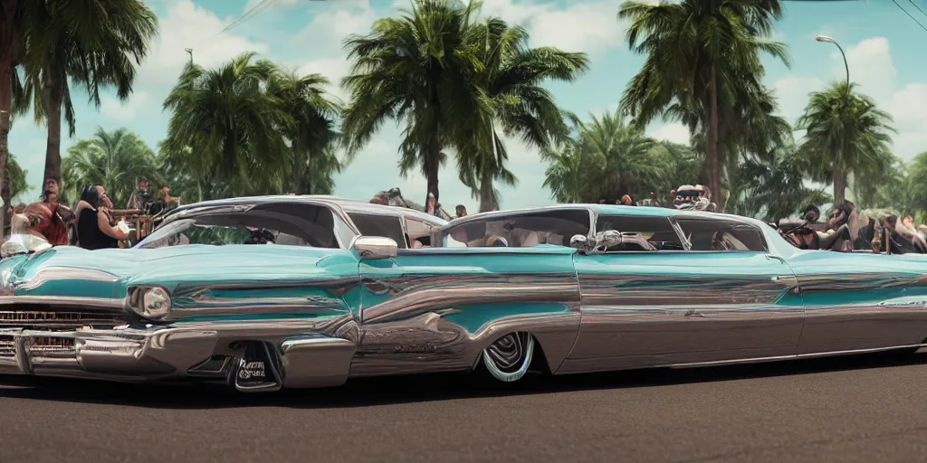 Image similar to highly detailed photo of an award winning lowrider, cruising at a car show, car bounce, air suspension, fan girls, 8 k, octane render, unreal engine, ue 5, photoshop, maya, ray tracing