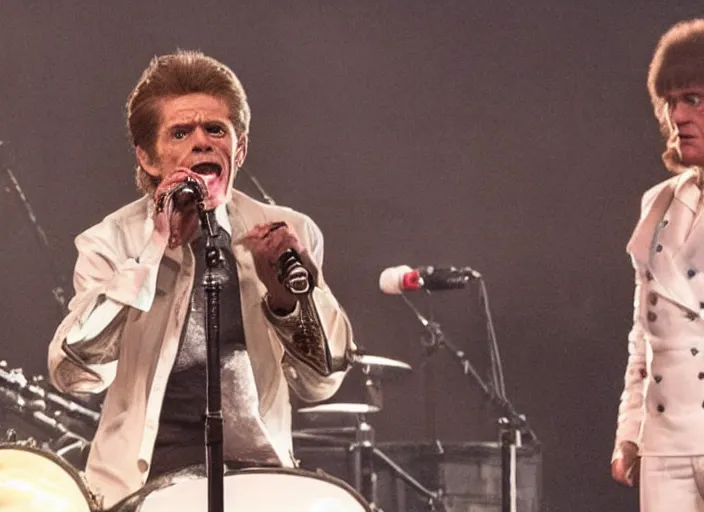 Image similar to film still of Willem Dafoe singing on stage in the new QUEEN movie, 4k