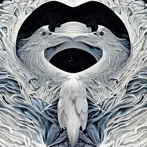 Image similar to a simple white crow painting by Android Jones and M. C. Escher collaboration, futurist, digital art, dramatic lighting