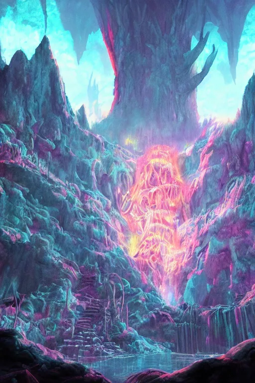 Prompt: the mines of moria, balrog, 4 k digital paint by studio ghibli hayao miyazaki. vivid colours, vaporwave lighting style, very sharp and detailed. trending on artstation and behance.