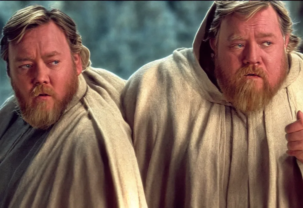 Image similar to obi wan kenobi but obese!! and overweight, photoralistic rendering, movie still, screenshot, hyperdetailed