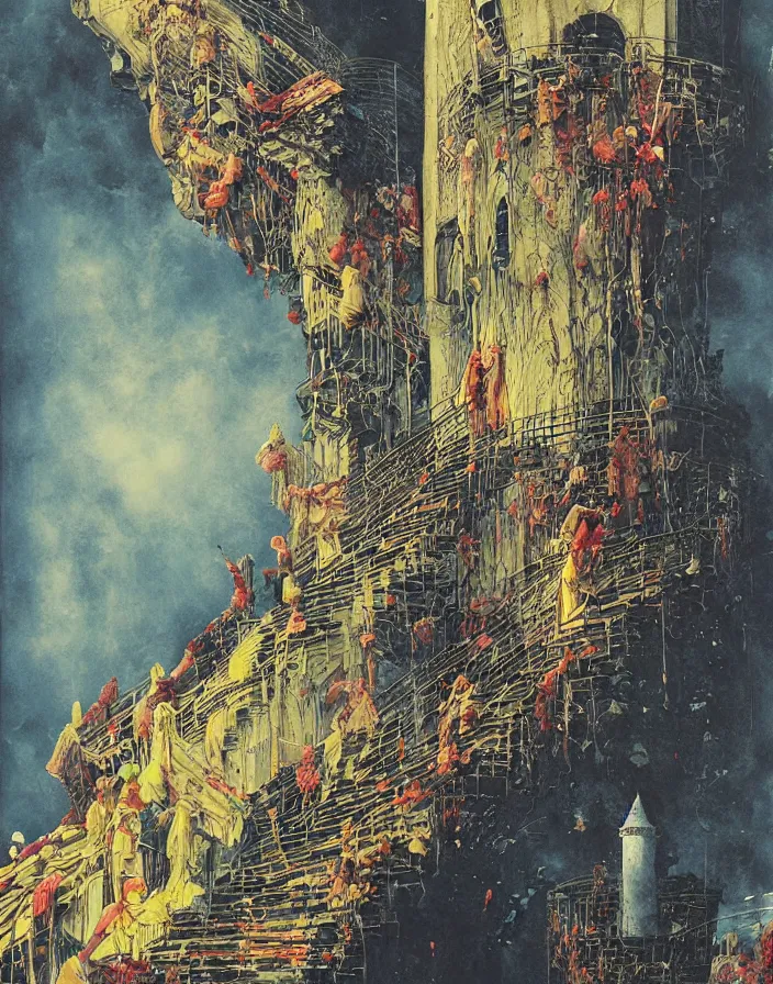 Prompt: worshippers in robes ascend a spiral staircase in a lighthouse, spiral staircase, high detailed beksinski painting, part by adrian ghenie and gerhard richter. art by takato yamamoto. masterpiece, deep colours, blue