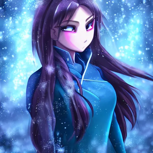 Prompt: portrait focus of Supa Saiyajin beautiful 3D anime girl!!! Frozen ice armor wearing!! dark forest background, snowing, bokeh, inspired by Masami Kurumada, digital painting, high contrast, unreal engine render, volumetric lighting, high détail