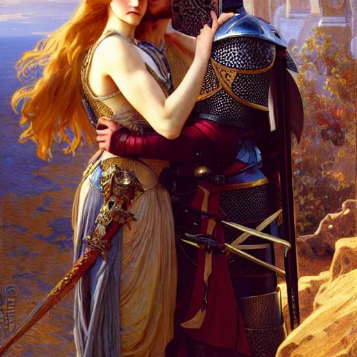 Image similar to attractive arthur pendragon and his favourite attractive male knight, they are in love, camelot, natural lighting, path traced, highly detailed, high quality, digital painting, by gaston bussiere and ross tran and j. c. leyendecker and alphonse mucha