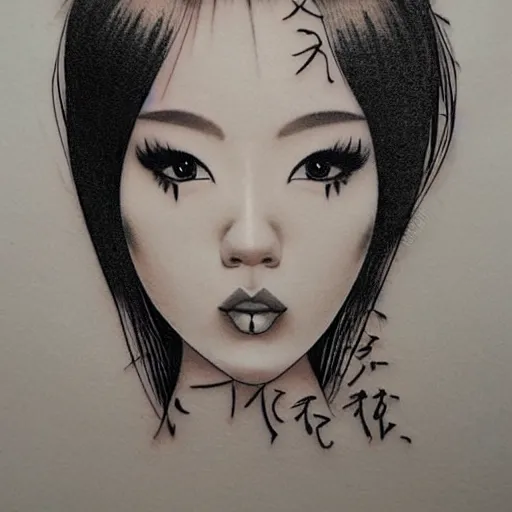 Image similar to tattoo design, stencil, portrait of a japanese girl, fantasy, artgerm